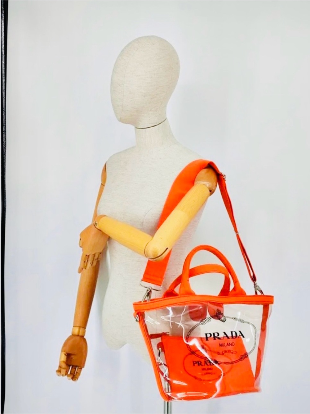 🔥🔥Authentic Preloved PRADA Logo Plexi Clear Crossbody Canapa Tote-Orange Canvas